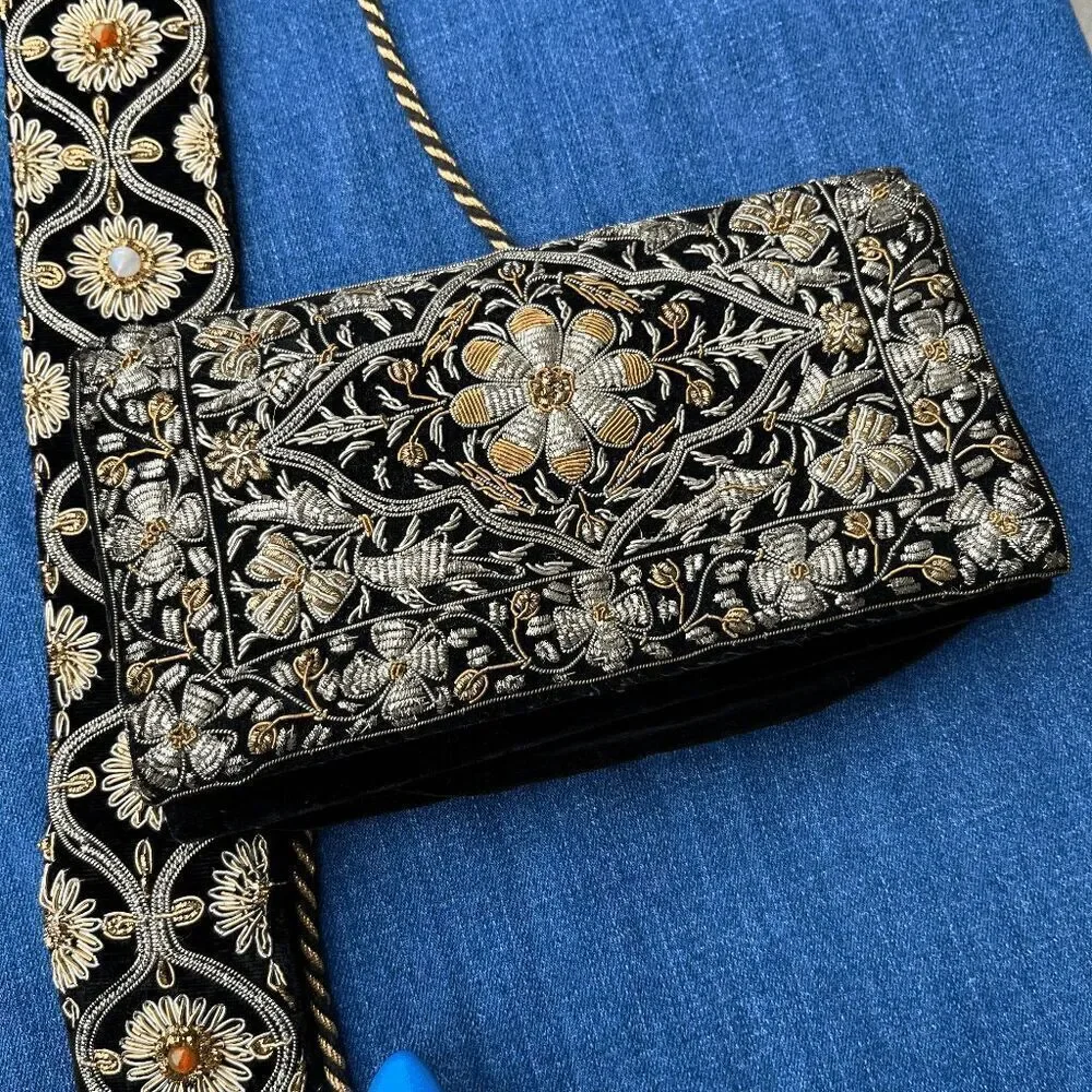 Vintage Hand-Embroidered Velvet Evening Clutch Made in India | Black & Gold